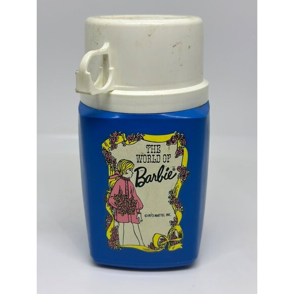 VTG 1973 Barbie Thermos 6.5"x3" Retro The-World-of-Barbie Blue READ - Picture 1 of 8